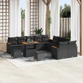 Conjunto de Sofás de Jardim vidaXL com Almofadas Preto Vime Sintético Acácia