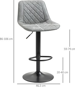 Conjunto de Bancos de Bar Estofados em PU (MESA NÃO INCLUIDA) Bancos Altos de Sala de Jantar com Altura Ajustável 46,5x51x86-106 cm Cinzento