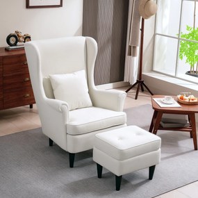 Poltrona com Apoio para Pés Poltrona de Leitura com Encosto Alto Capitonê e Pés de Madeira 75x83x104 cm Bege