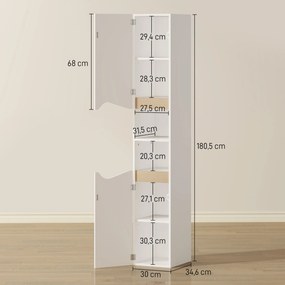 Armário de coluna estreito para casa de banho 30 x 34,6 x 180,5 cm, 2 portas, compartimentos abertos, prateleiras ajustáveis, branco