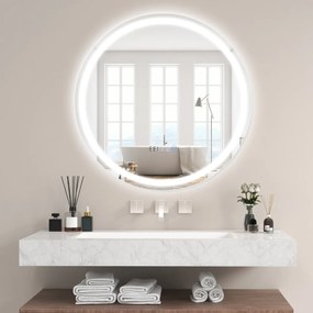 Espelho de casa de banho redondo com luz LED Brilho continuamente ajustável 3 temperaturas de cor Função anti-embaciamento e de memória 60 x 60 cm