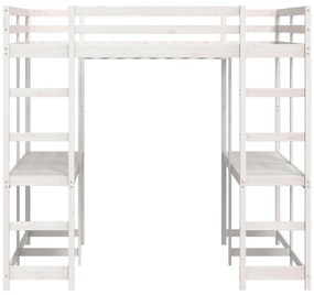 Cama alta c/ secretária e escada 140x200 cm pinho maciço branco