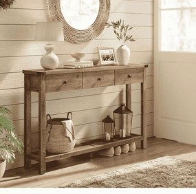 Mesa consola com três gavetas e prateleira inferior para corredor 24 x 120 x 76 cm castanho mel