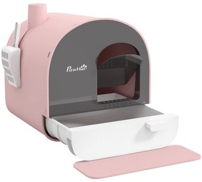PawHut Caixa de Areia para Gatos com Porta Dianteira Bandeja Removível Pá Tapete e Filtro 43x44x47 cm Rosa