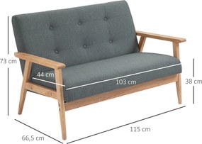 Sofá de 2 lugares de estilo escandinavo com braços, pés de madeira, 115  x 66,5  x 73 cm, cinzento