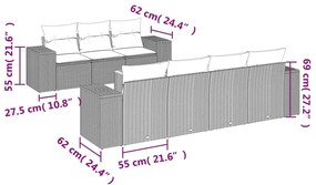 8 pcs conjunto sofás de jardim c/ almofadões vime PE cinzento