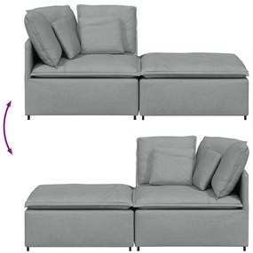Sofá modular com pufes e almofadas tecido cinzento-claro