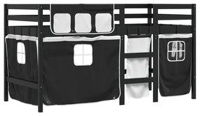 Cama alta criança c/ cortina 80x200cm pinho maciço branco/preto