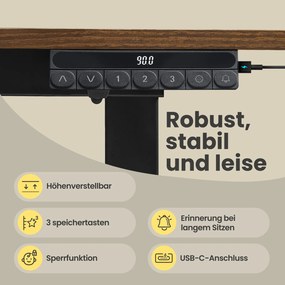Secretária elétrica com altura ajustável, 140 x 70 x (82,5-130,5) cm, suporte para monitor castanha