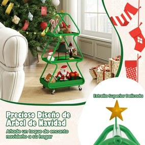 Carrinho de armazenamento em forma de árvore de Natal com 3 níveis, estrela, estrutura metálica e rodas verde