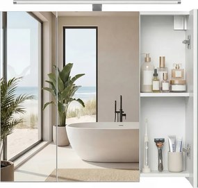 Armário casa banho com espelho 15 x 70 x 60 cm (P x L x A), armário suspenso com prateleiras ajustáveis, iluminação branco