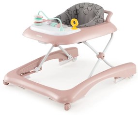 Andarilho dobrável para bebés 0-24 meses Centro de actividades com 3 alturas ajustáveis Assento almofadado Andarilho com rodas Rosa