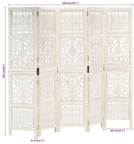 Biombo esculp. mão 5 painéis 200x165cm mangueira maciça branco