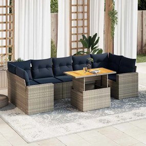 8 pcs conjunto sofás de jardim c/ almofadões vime PE cinzento