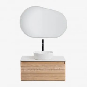 Conjunto De Móvel De Casa De Banho Em Madeira De Freixo Tedrik Castanho Fresno & Cerâmica Redonda Branca Ø40 Cm Lenka & Oval - Sklum