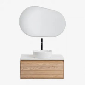 Conjunto De Móvel De Casa De Banho Suspenso Em Madeira De Freixo Tedrik Castanho Fresno & Cerâmica Redonda Branca Ø40 Cm Lenka & - Sklum