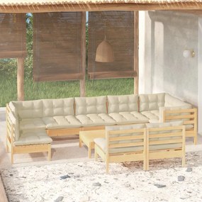 vidaXL 10 pcs conjunto lounge jardim c/ almofadões creme pinho maciço