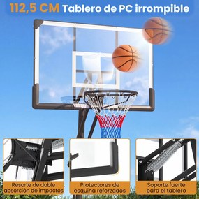 Cesto de Basquetebol Portátil, 107 x 68 x 15 cm, Altura Ajustável, Preto