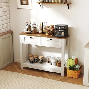 Mesa Consola Estilo Rústico 106 x 30 x 81,5 cm com 2 Gavetas e Prateleira de Armazenamento para Sala de Estar, Cozinha ou Sala de Jantar Branca