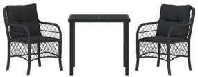 Conjunto de Jantar de Jardim 3 Peças com Almofadas Preto Rattan Poliés