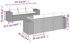 7 pcs conjunto sofás p/ jardim c/ almofadões vime PE cinzento
