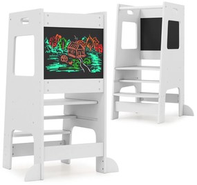 Banco de cozinha para crianças Torre de pé com quadro de actividades, altura ajustável e grade de segurança em madeira Branco