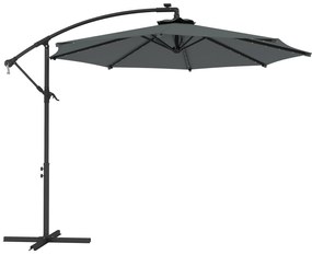 Outsunny Chapéu de Sol Excêntrico Ø294 cm com 32 Luzes LED Solares Base Cruzada e Capa de Proteção Anti-UV 30+ Cinza Escuro