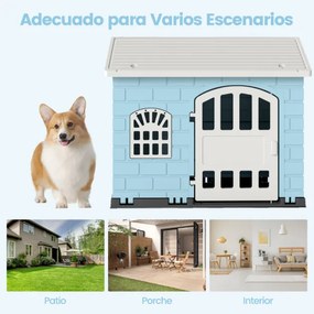 Casota de plástico para cães com 3 janelas e porta com fechadura, telhado inclinado, para interior e exterior, 75 x 58 x 65 cm, Azul Claro