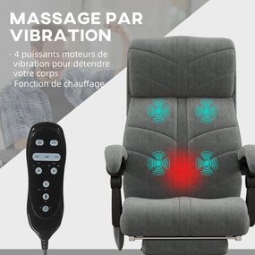 Cadeira de escritório com função de massagem, aquecimento e reclinação, com apoio para os pés integrado e 5 rodas, cinzenta