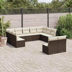 11 pcs conjunto sofás de jardim c/ almofadões vime PE castanho