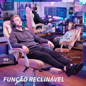 Cadeira Gaming Reclinável 155° com Suporte Lombar com Massagem Apoio de Cabeça e Apoio para os Pés 63x66x126-134 cm Rosa