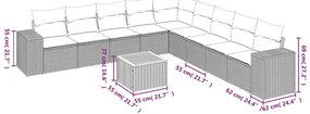10 pcs conjunto sofás de jardim c/ almofadões vime PE cinzento