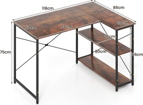 Secretária em forma de L com prateleira ajustável e estrutura metálica resistente 118 x 86 x 75 cm castanho e preto