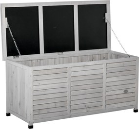 Outsunny Baú de Armazenamento Baú de Madeira de Jardim com Tampa Abatível e Desenho de Persiana 127x56x60 cm Cinzento | Aosom Portugal