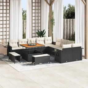 Conjunto de Sofá de Jardim de 13 Peças com Almofadas Preto Rattan Poliéster Acácia