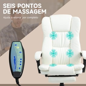 Cadeira de Escritório com Altura Ajustável 6 Pontos de Massagem e Apoio para os Pés Retrátil 68,5x68,5x113-121 cm Creme