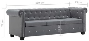 Sofá chesterfield três lugares veludo 199x75x72cm cinzento
