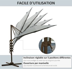 Guarda-sol octogonal inclinável Ø 3 x 2,5 m, com rotação de 360°, base em cruz, 8 cordas, manivela incluída, estrutura em alumínio e aço, cinzento