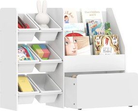 Estante Infantil para Brinquedos com 6 Caixas Removíveis 3 Prateleiras Abertas e Gaveta Inferior com Rodas 100x30x80 cm Branco