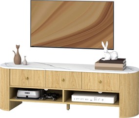 Móvel de TV 140 x 40 x 43 cm, móvel para televisor de 65 polegadas com efeito de mármore, 3 gavetas com frentes caneladas com efeito de madeira natura