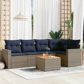 6 pcs conjunto sofás p/ jardim c/ almofadões vime PE cinzento