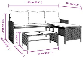 Sofá de jardim em L c/ mesa/almofadões vime PE mistura de beges