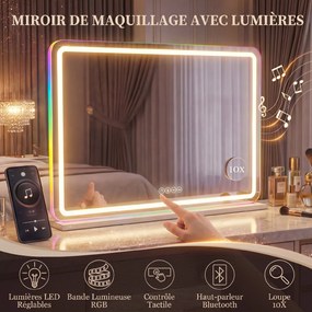 Espelho de maquilhagem iluminado 80 x 60 cm, espelho de Toucador com LED regulável, luz RGB, 3 temperaturas de cor, branco