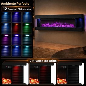 Lareira Elétrica de Parede com Vista de Três Lados, 152,4 x 20,6 x 41,8 cm, Controlo por Wi-Fi, Preto
