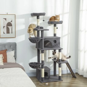 Arranhador para gatos com torre de brincadeiras, arranhador, 3 camas, 2 compartimentos abertos, plataformas e 3 brinquedos suspensos; altura: 174 cm;