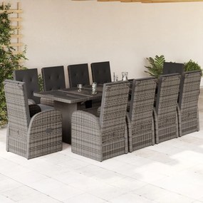 vidaXL 11 pcs conjunto jantar p/ jardim c/ almofadões vime PE cinzento