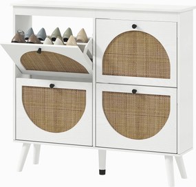 Sapateira com 4 portas, capacidade para 20 pares, prateleiras ajustáveis, estilo boémio, pés em madeira maciça, 105 x 24 x 97,5 cm, branco