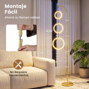 Candeeiro de pé LED de 180 cm com 3 anéis, 3 temperaturas de cor, intensidade ajustável e interruptor, com base pesada, para sala, quarto e escritório