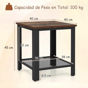 Mesa de apoio, mesa cabeçeira de 2 níveis quadrada com estante de rede Estrutura metálica Mesa de cabeceira com estrutura metálica para sala de estar