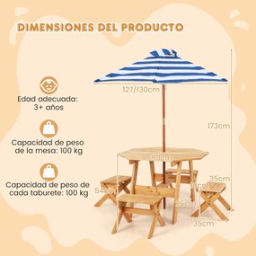 Conjunto de mesa de madeira para crianças com 4 cadeiras Guarda-sol dobrável de altura ajustável para pátio exterior Pátio jardim Natural